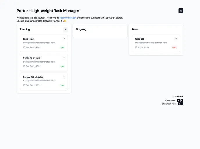 screenshot of Porter Task Manager