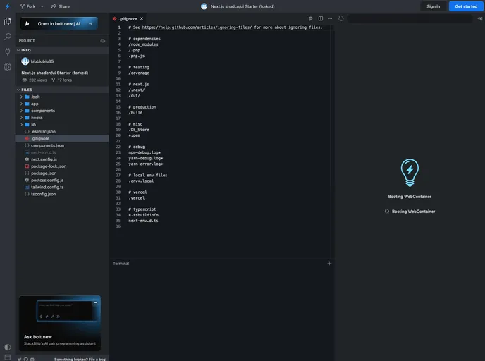 screenshot of Bolt Nextjs Shadcn Starter