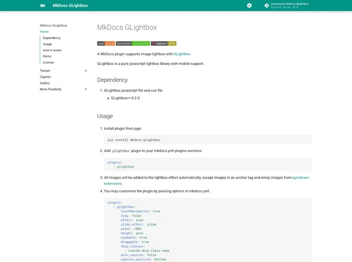 screenshot of Mkdocs Glightbox