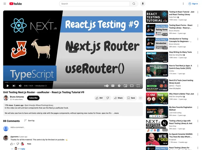screenshot of Youtube React Testing Video9 Nextjs Router