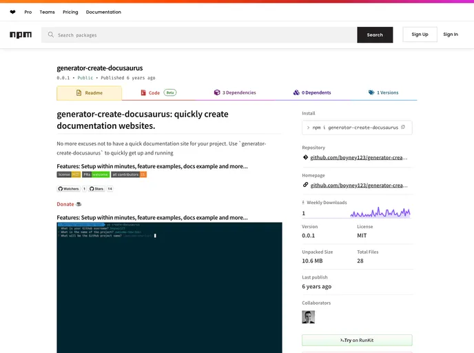 screenshot of Generator Create Docusaurus