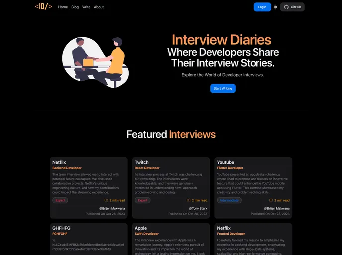 screenshot of Interview Diaries