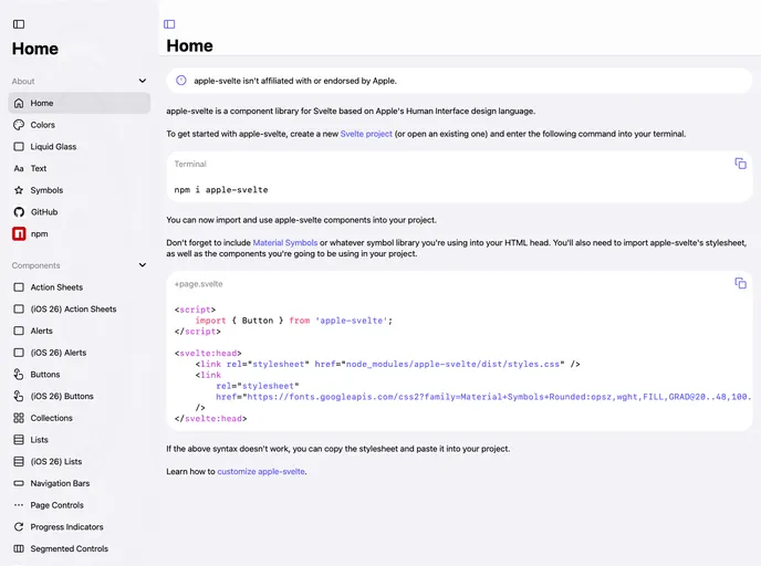 screenshot of Apple Svelte Docs