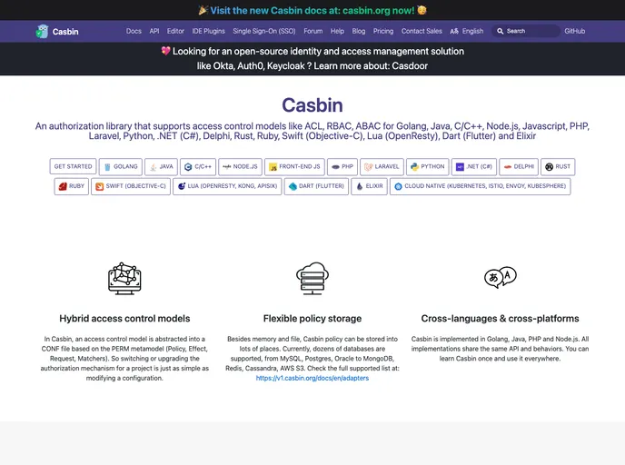 screenshot of Casbin Website