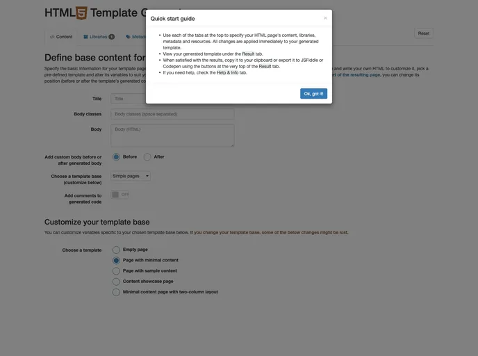 screenshot of Htmltemplategenerator