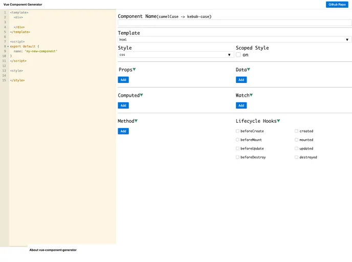 screenshot of Vue Component Generator