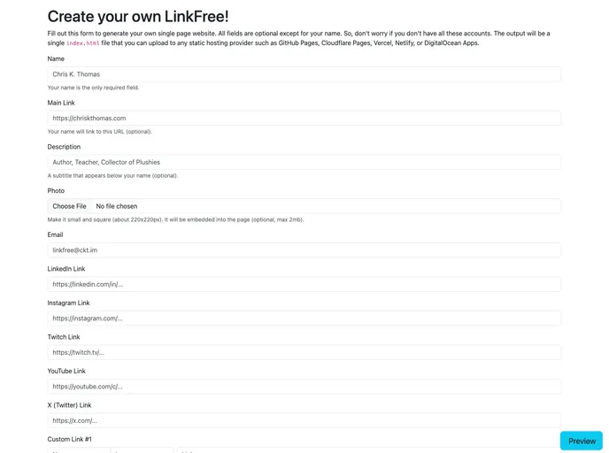 screenshot of Linkfree Generator