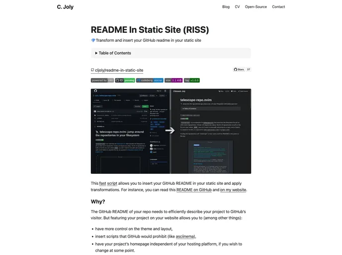 screenshot of Readme In Static Site