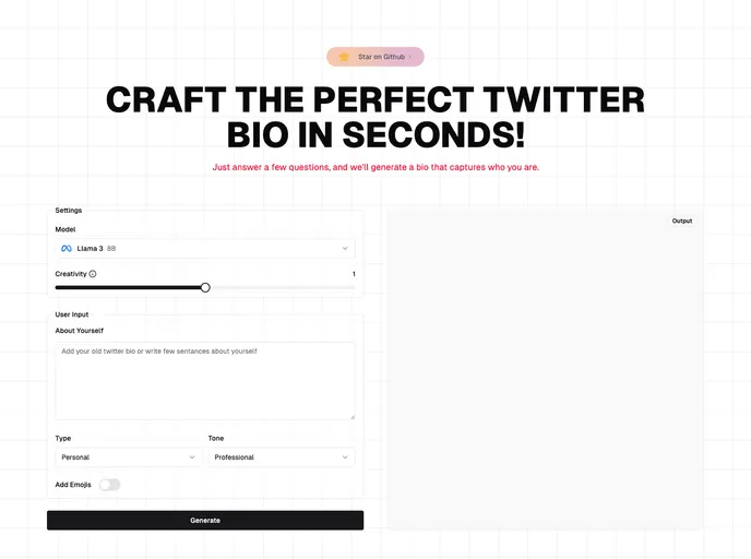 screenshot of AI Powered Twitter Bio Generator