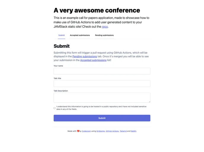 screenshot of Jamstack Cfp
