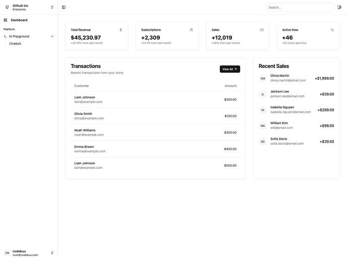 screenshot of Nuxt3 Shadcn Tailwind Full Example