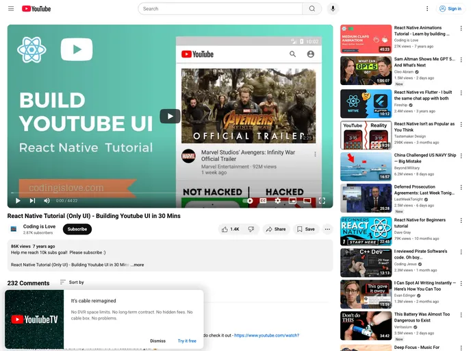 screenshot of React Native Youtube UI
