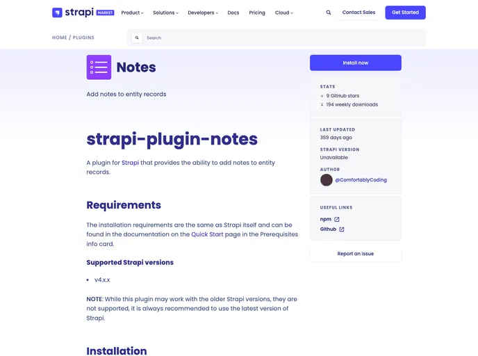 screenshot of Strapi Plugin Notes