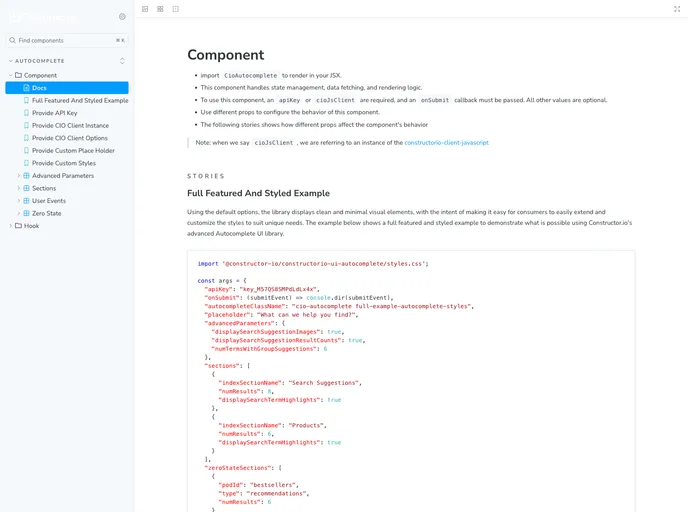 screenshot of Constructorio UI Autocomplete