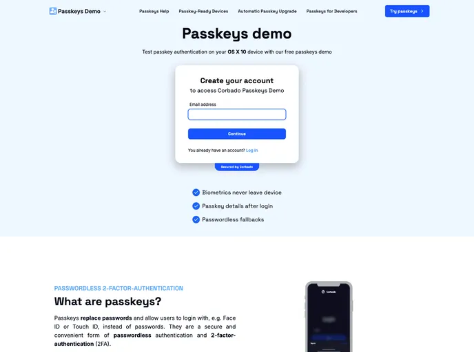 screenshot of Example Passkeys Sveltekit