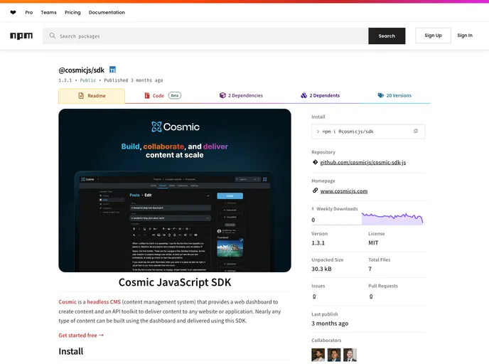 screenshot of Cosmic Sdk Js