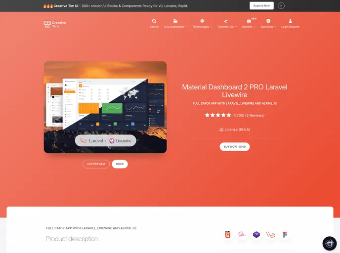 screenshot of Ct Material Dashboard Pro Laravel Livewire