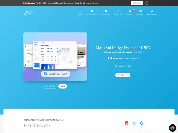 screenshot of Ct Muse Ant Design Dashboard Pro