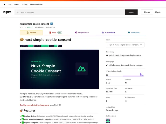 screenshot of Nuxt Simple Cookie Consent