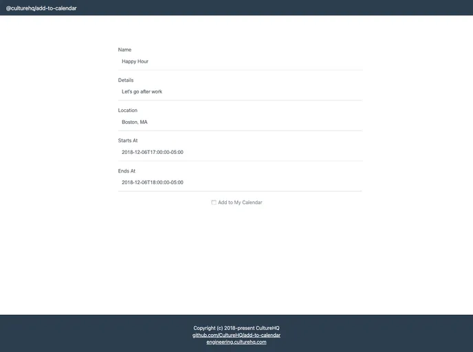 screenshot of Add To Calendar