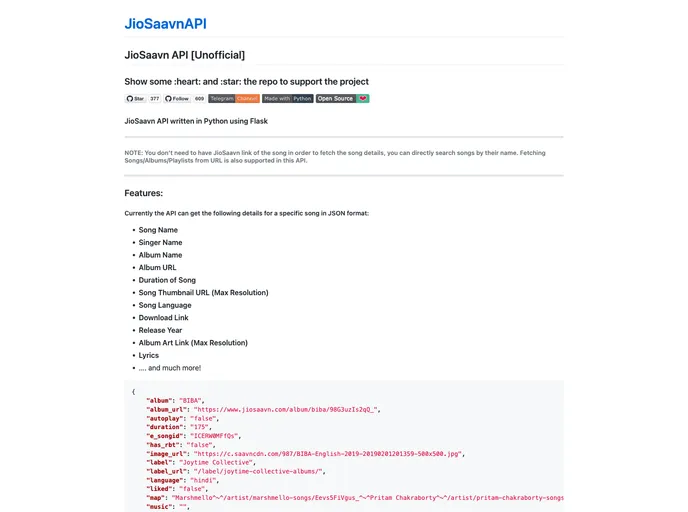 screenshot of JioSaavnAPI