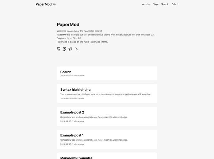 screenshot of Zola Theme Papermod