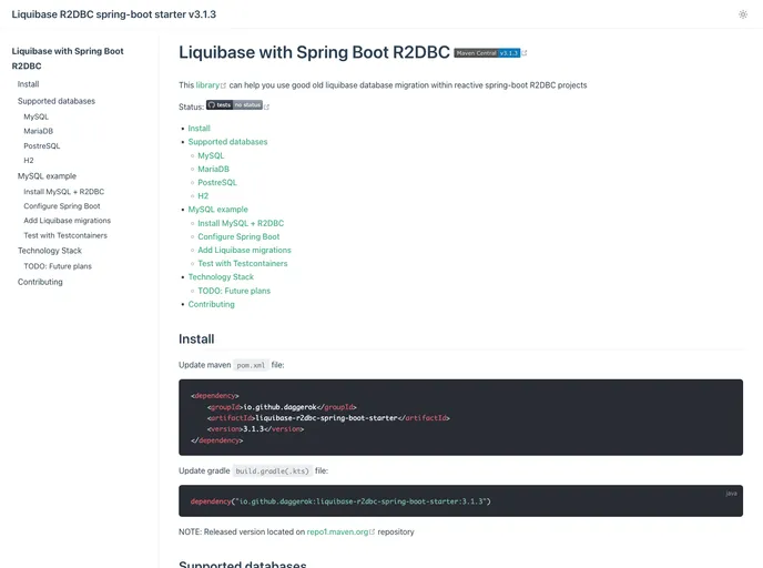 screenshot of Liquibase R2dbc Spring Boot Starter