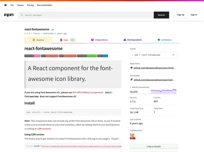 screenshot of React Fontawesome