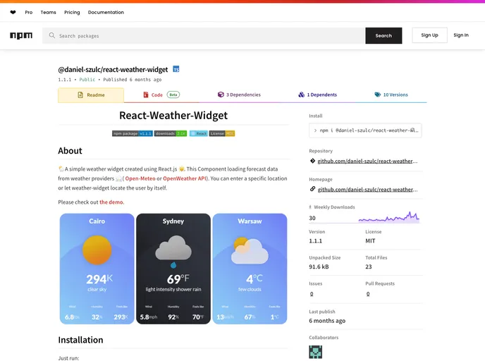 screenshot of React Weather Widget