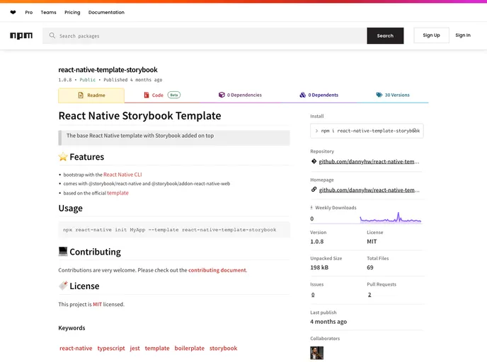 screenshot of React Native Template Storybook