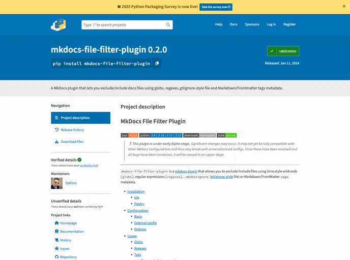 screenshot of Mkdocs File Filter Plugin