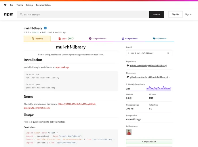 screenshot of Mui Rhf Library