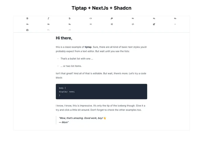 screenshot of Shadcn Tiptap