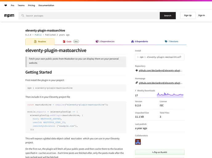 screenshot of Eleventy Plugin Mastoarchive