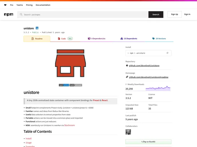screenshot of Unistore