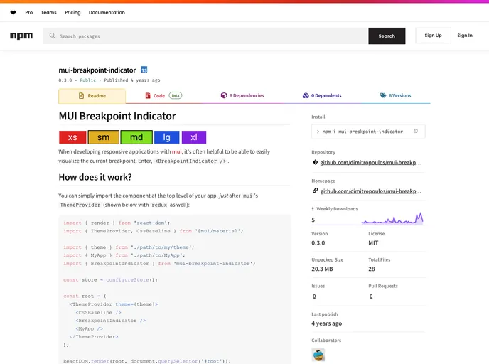 screenshot of Mui Breakpoint Indicator