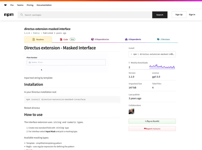 screenshot of Directus Extension Masked Interface