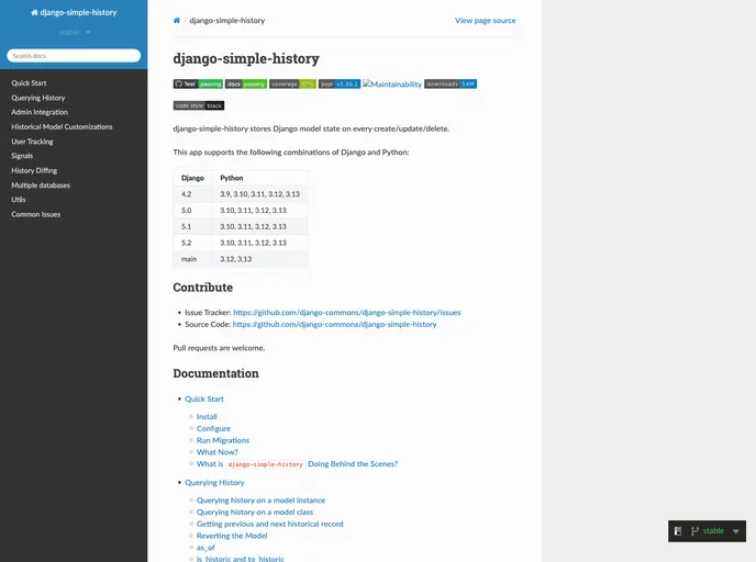 screenshot of Django Simple History