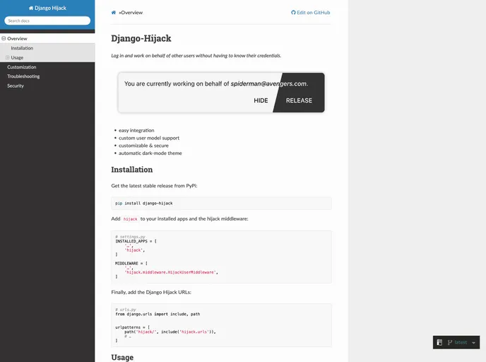 screenshot of Django Hijack