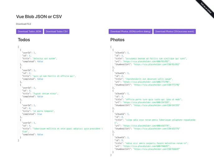 screenshot of Vue Blob Json Csv