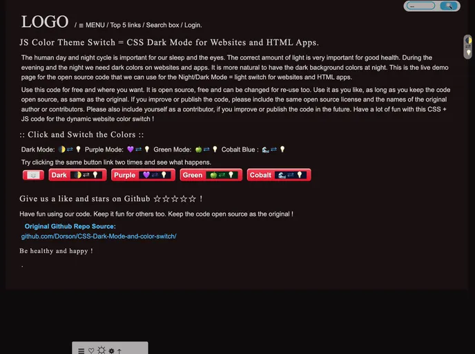 screenshot of CSS Dark Mode And Color Switch