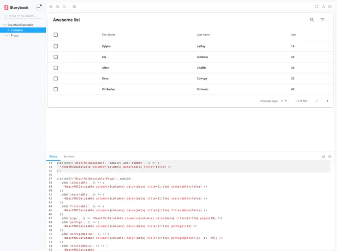 screenshot of React Material UI Datatable