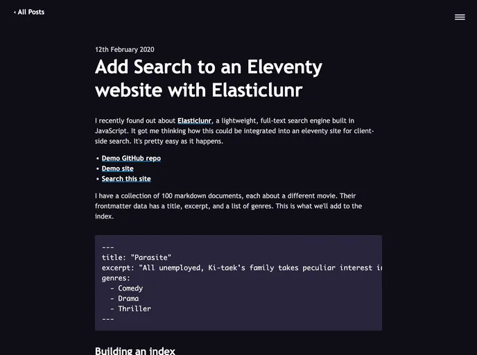 screenshot of Eleventy Search Demo