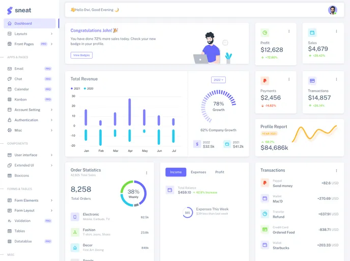 screenshot of React Sneat Bootstrap Admin Template