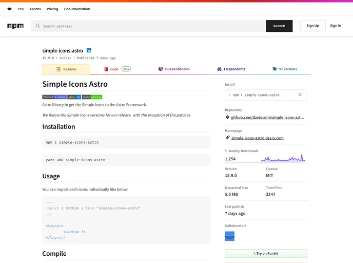 screenshot of Simple Icons Astro