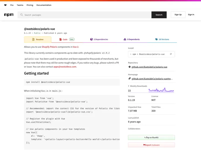 screenshot of Polaris Vue
