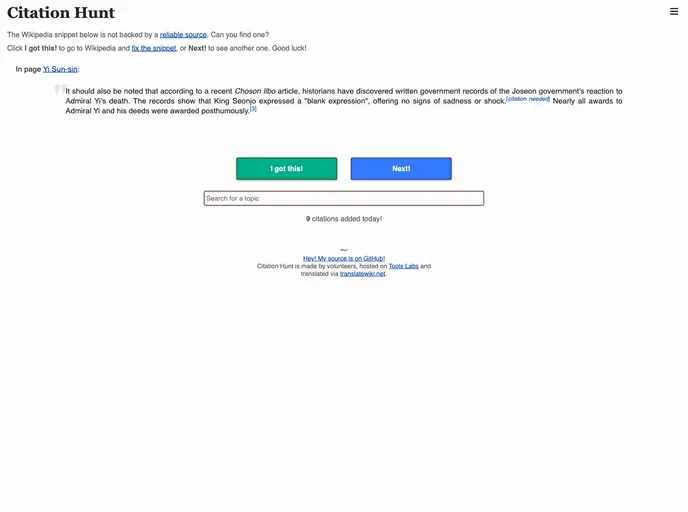 screenshot of Citationhunt