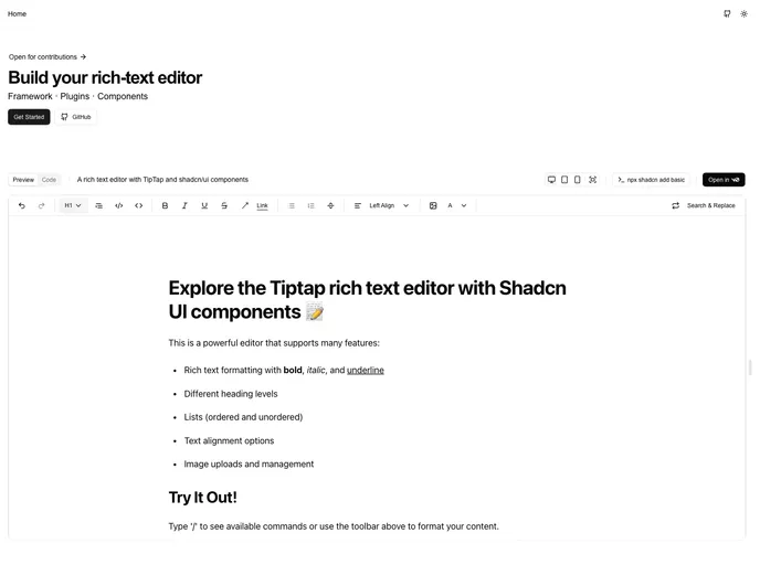 screenshot of Tiptap Shadcn