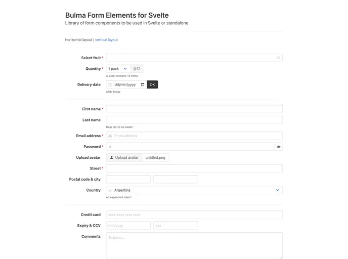 screenshot of Svelte Bulma Forms