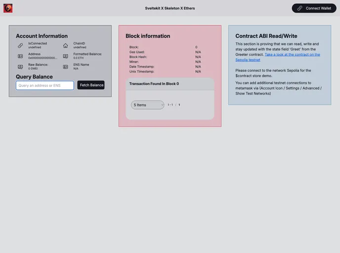 screenshot of SveltekitXSkeletonXEthers